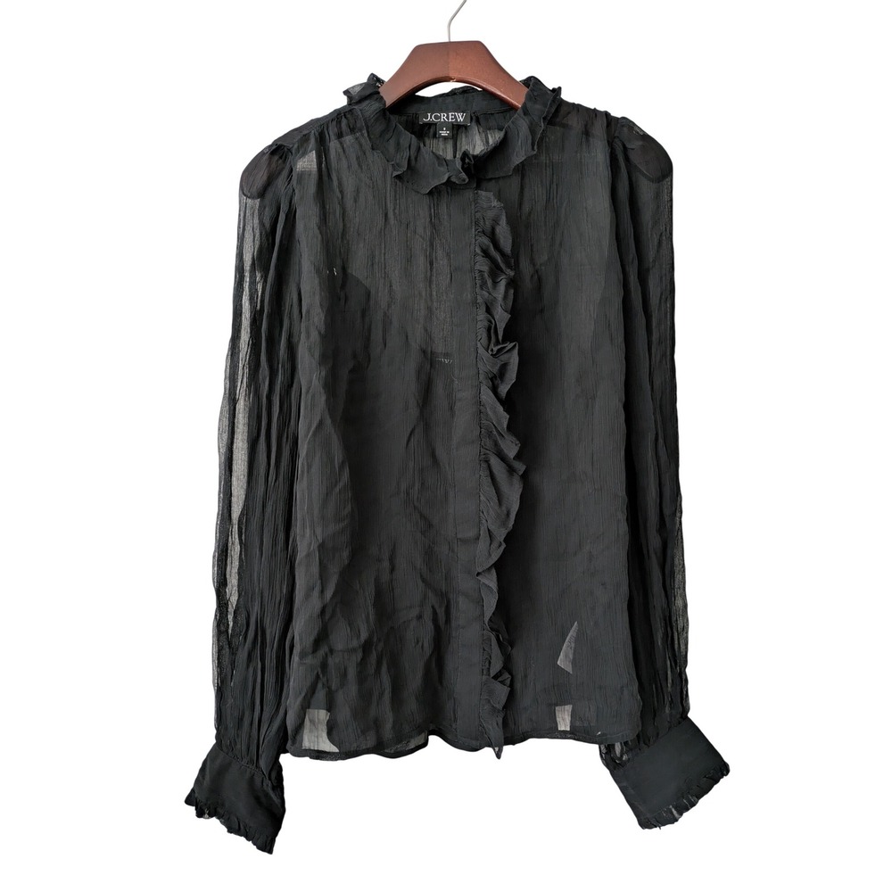 J. Crew Ruffle Button-Up Shirt in Crinkle Chiffon‎ Size 8 Black NWOT CF436